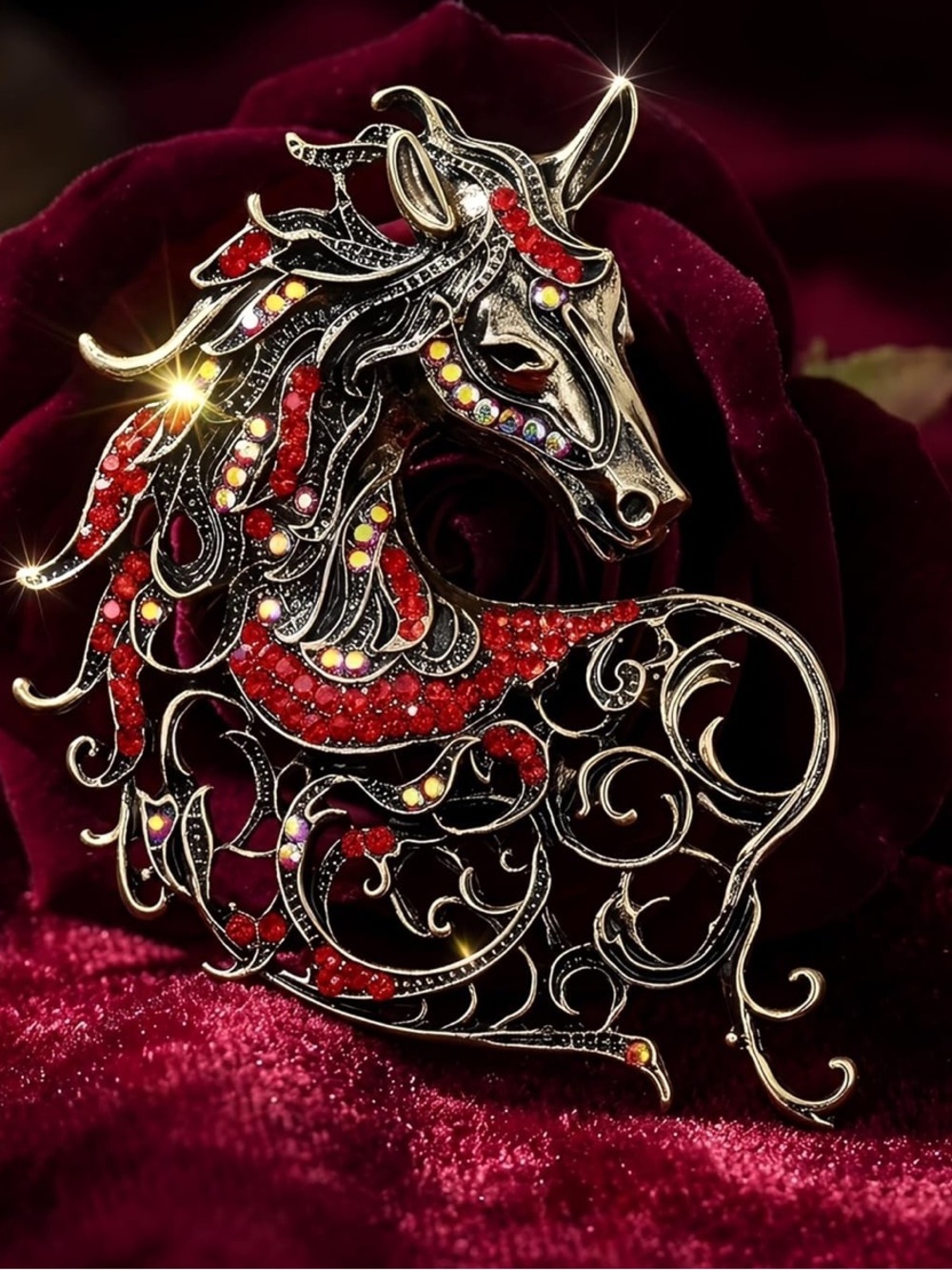 Anthropologie Red and Gold Horse Brooch
